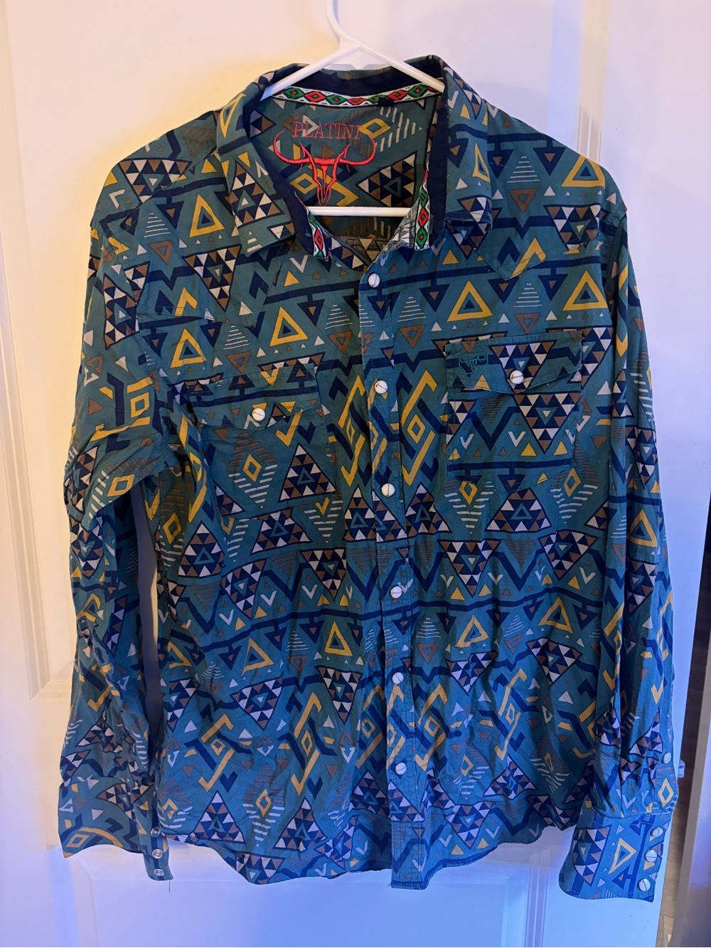 Platini Men's Aztec Pattern Long-Sleeve western Button-Up Shirt - Teal & Mustard